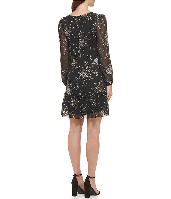 Long Sleeve Floral Chiffon Tiered Flounce Hem Shift Dress Black/Gold - Kensie