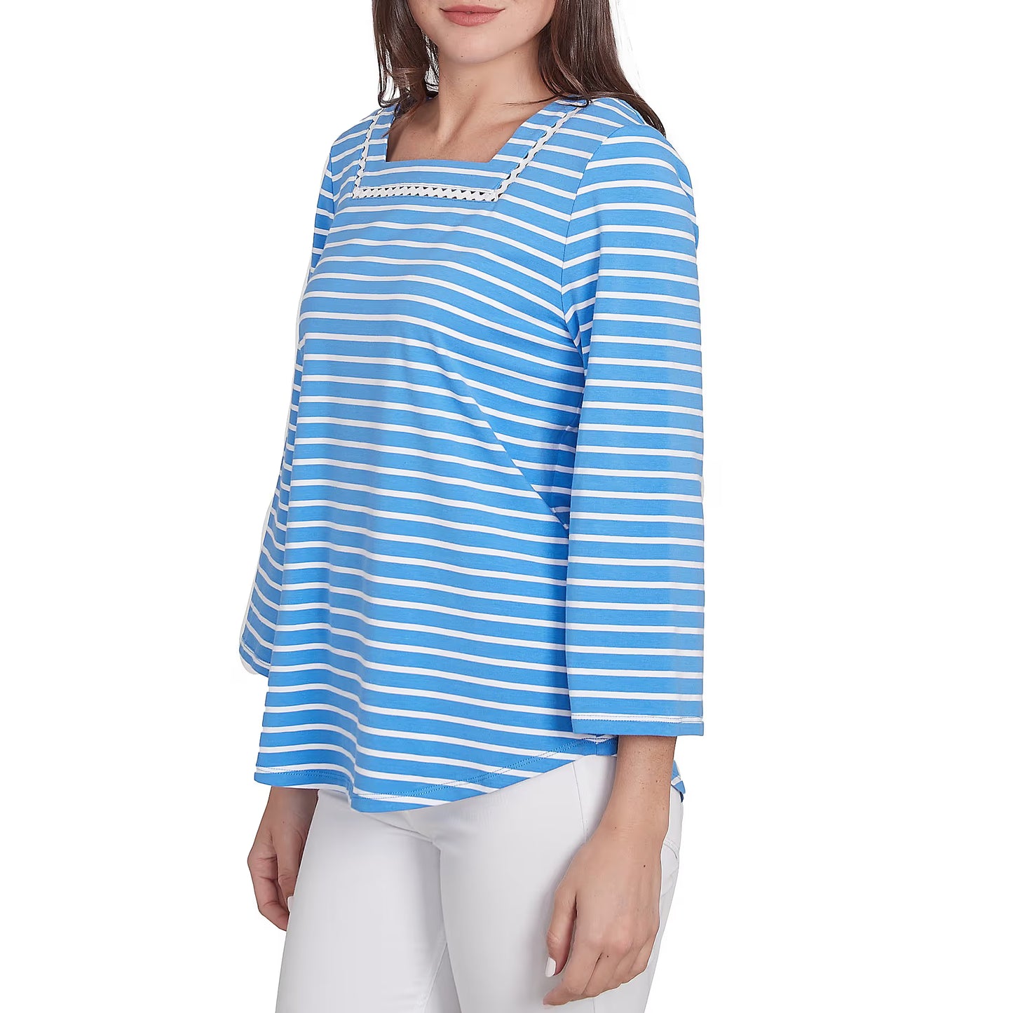 Knit Stripe Trim Square Neck 3/4 Bell Sleeve Top in Chattanooga Bluebird Multi - Ruby Rd