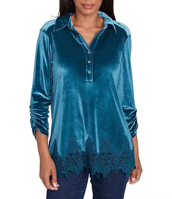 Button-Front Placket Lace Trim Hem Top Adriate - Ruby Rd