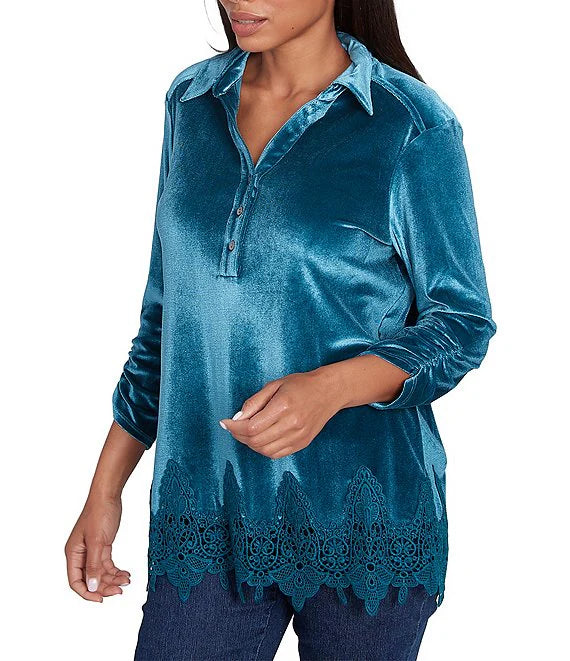 Button-Front Placket Lace Trim Hem Top Adriate - Ruby Rd