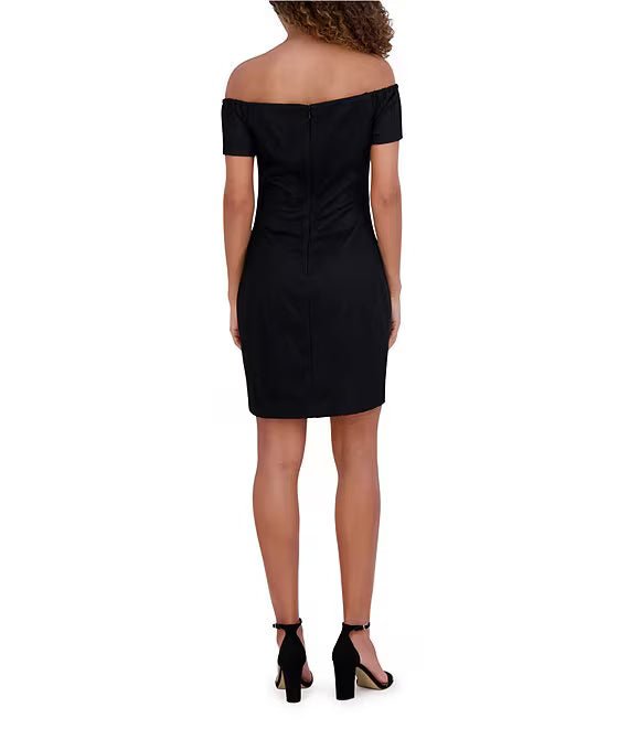 Off-The-Shoulder Floral Embroidered Mesh Sheath Dress Black Multi - Siena