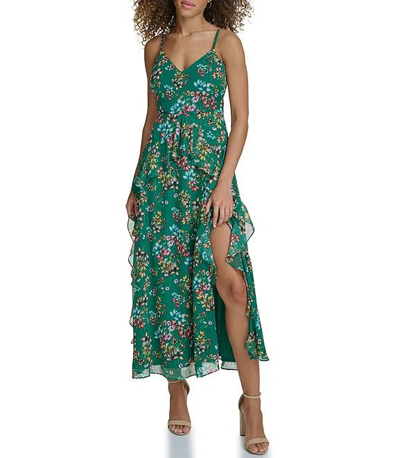 Metallic Floral V-Neck Sleeveless Maxi Dress Green - Siena