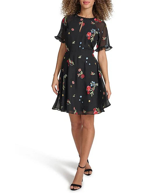 Floral Embroidered Round Keyhole Dress Black Multi- Kensie