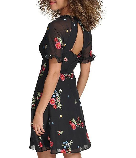 Floral Embroidered Round Keyhole Dress Black Multi- Kensie