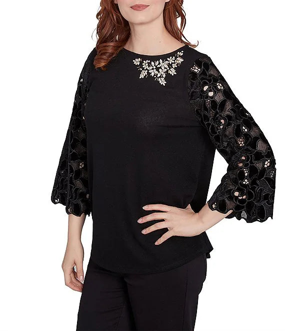 Knit Embellished Scoop Neck 3/4 Lace Sleeve Top Black - Ruby Rd