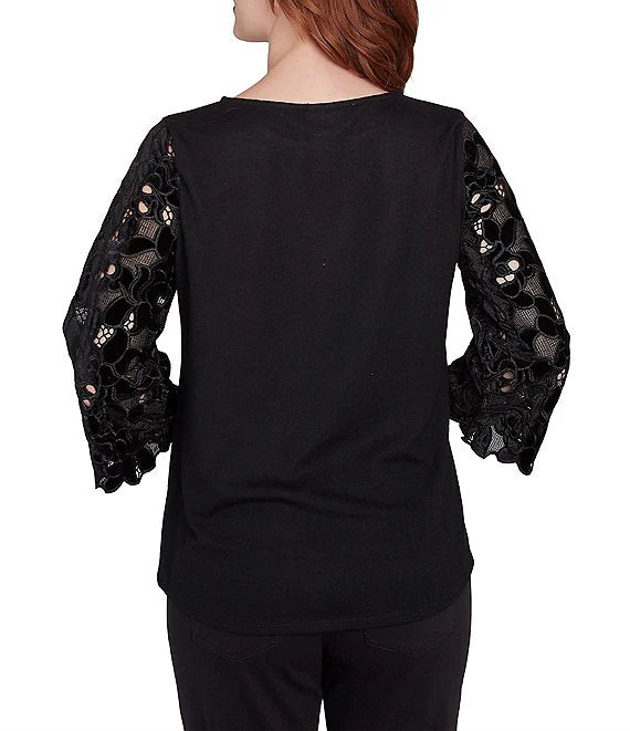 Knit Embellished Scoop Neck 3/4 Lace Sleeve Top Black - Ruby Rd