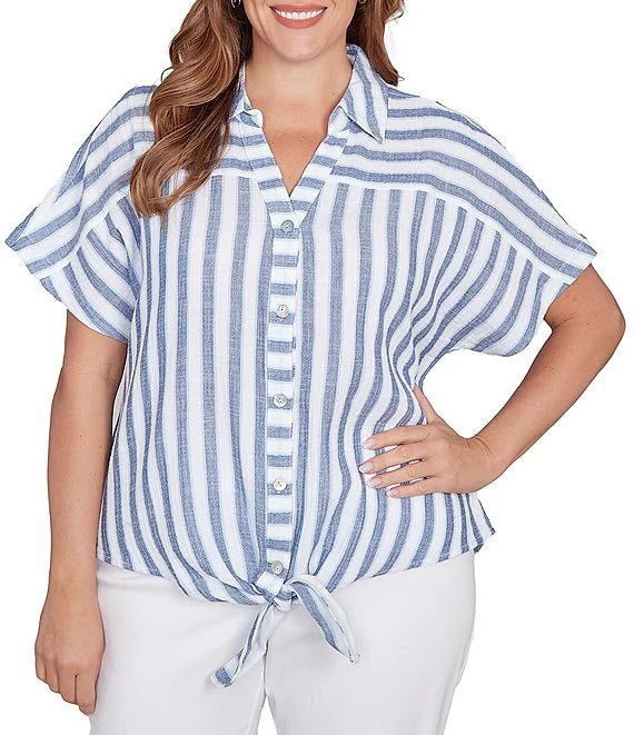 Plus Size V-Neck Short Sleeve Button Front Shirt Indigo Multi - Ruby Rd