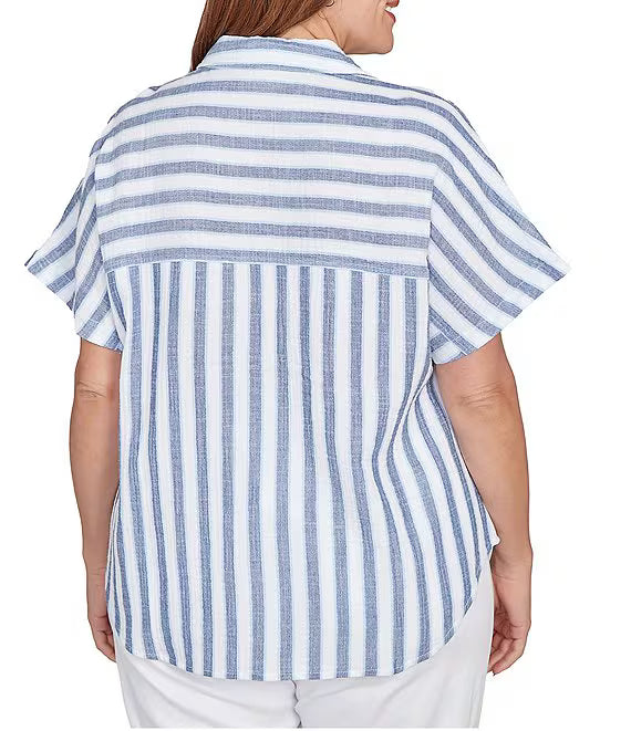 Plus Size V-Neck Short Sleeve Button Front Shirt Indigo Multi - Ruby Rd