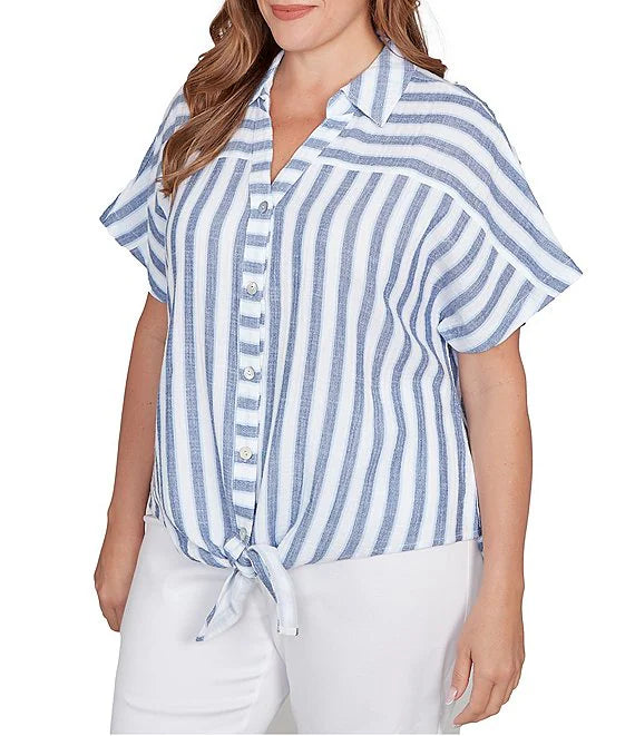 Plus Size V-Neck Short Sleeve Button Front Shirt Indigo Multi - Ruby Rd