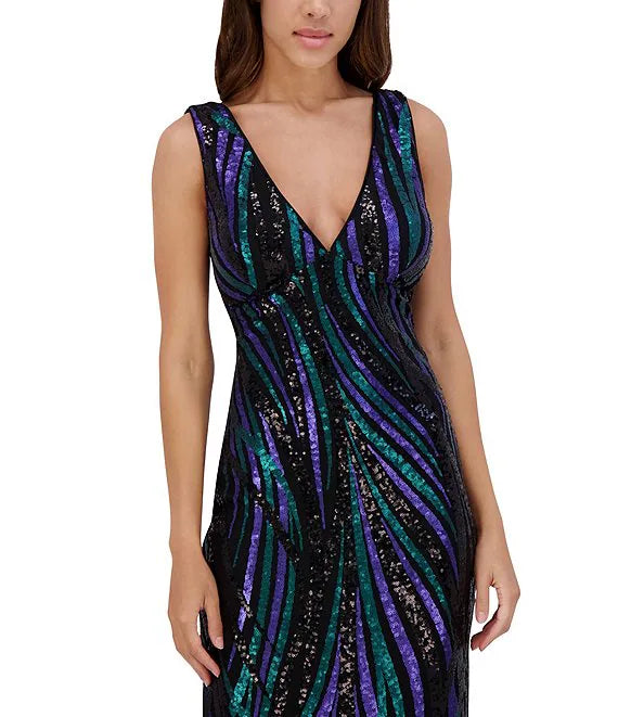 Multi Sequin Mesh V-Neck Dress Black Multi - Siena