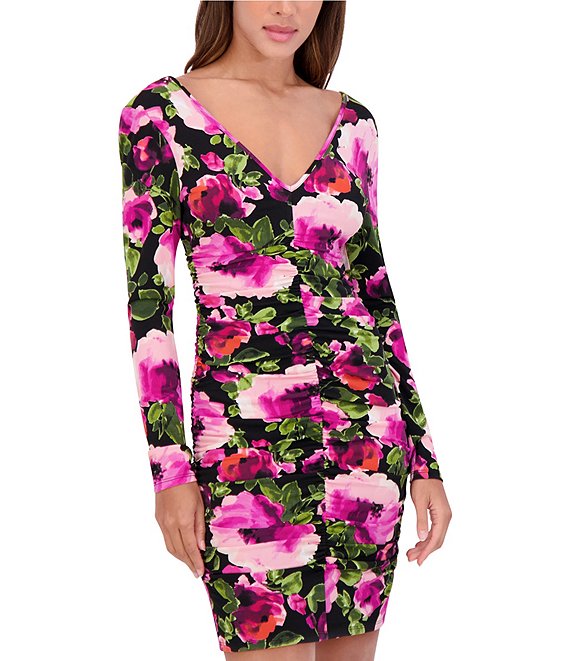 Jersey Knit Floral Print V-Neck Long Sleeve Front Ruched Sheath Dress Black Multi - Siena