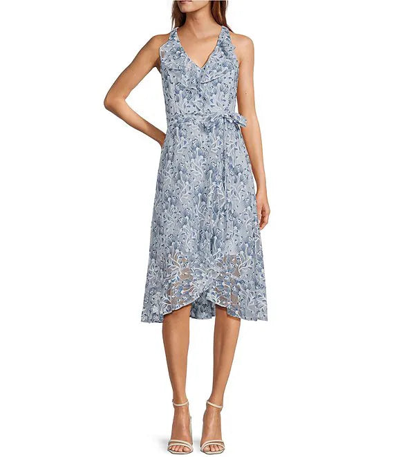 Lace V Neckline Sleeveless Dress Blue Multi - Kensie