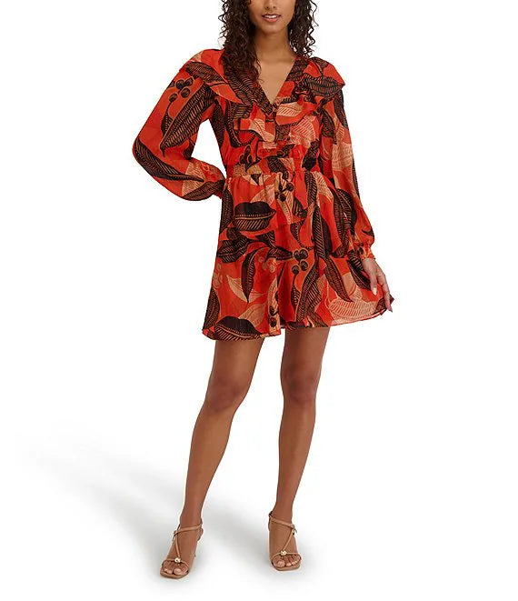 Printed Shimmer Lurex Plunge V-Neck Bishop Sleeves Ruffle A-Line Dress Orange Multi - Kensie