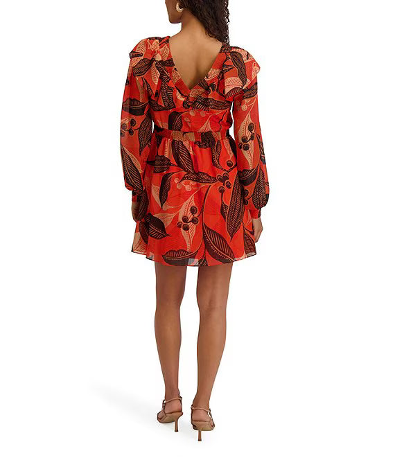 Printed Shimmer Lurex Plunge V-Neck Bishop Sleeves Ruffle A-Line Dress Orange Multi - Kensie