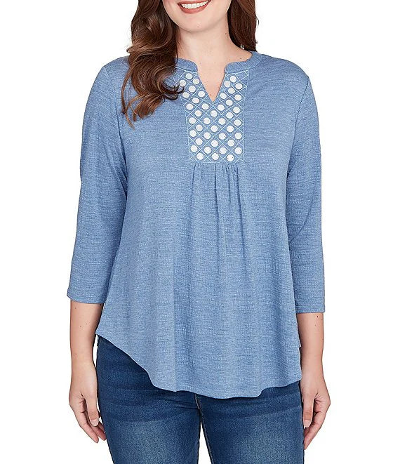 Textured Knit Split V-Neck 3/4 Sleeve Top Indigo - Ruby Rd