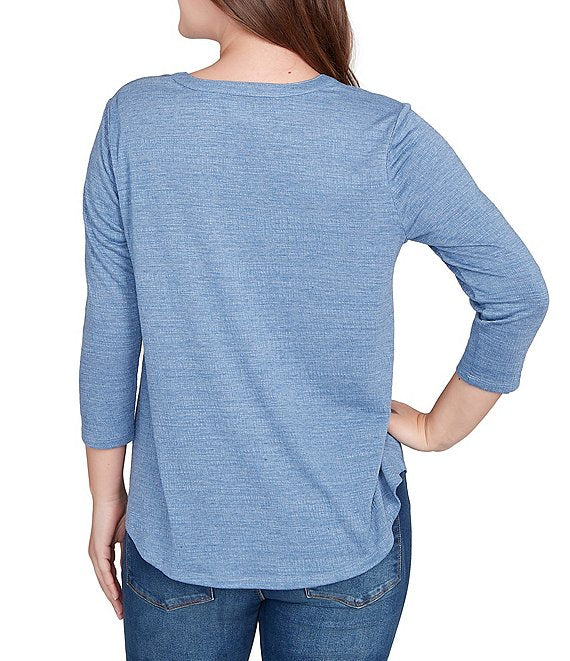 Textured Knit Split V-Neck 3/4 Sleeve Top Indigo - Ruby Rd