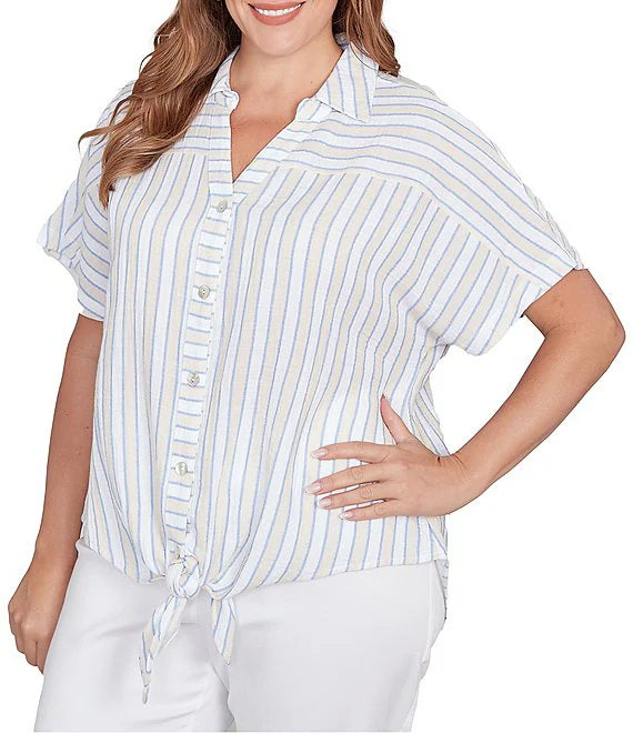 Plus Size V-Neck Short Sleeve Button Front Shirt Blue Sky Multi - Ruby Rd