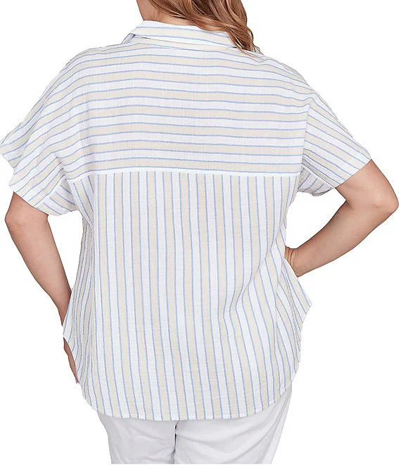 Plus Size V-Neck Short Sleeve Button Front Shirt Blue Sky Multi - Ruby Rd