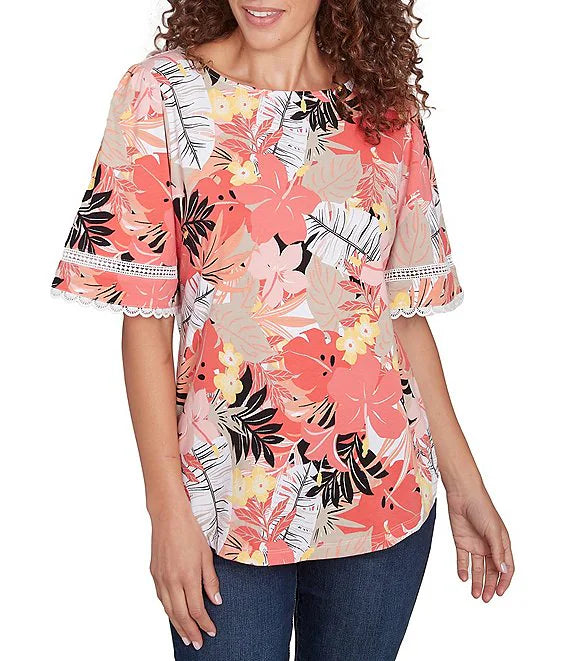 Knit Tropical Paradise Print Crew Neck Short Sleeve Top Grapefruit Multi- Ruby Rd