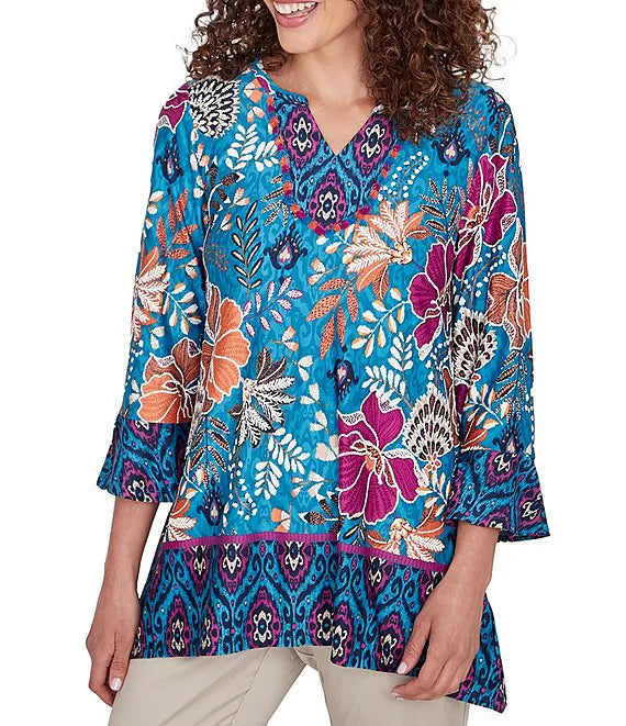 Knt Emb Floral Top Mediterranean Blue - Ruby Rd