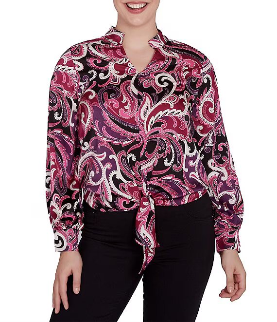 Woven Paisley Split V-Neck Long Sleeve Tie-Front Top Beet Multi - Ruby Rd