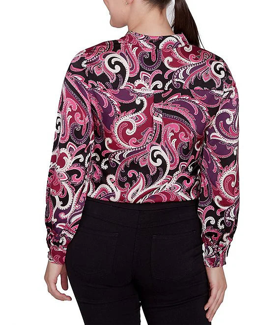Woven Paisley Split V-Neck Long Sleeve Tie-Front Top Beet Multi - Ruby Rd