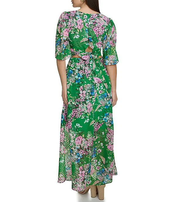 Floral V-Neck Elbow Sleeve Crop Top Green Multi - Kensie