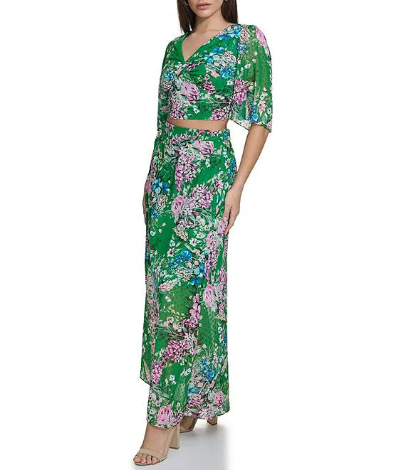 Floral V-Neck Elbow Sleeve Crop Top Green Multi - Kensie