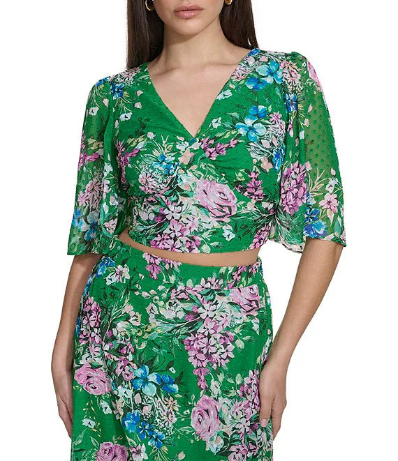 Floral V-Neck Elbow Sleeve Crop Top Green Multi - Kensie