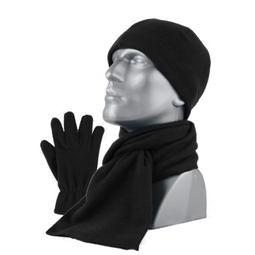 MENS ANTI-PILL FLEECE SET; BEANIE, GLOVE, SCARF BLACK