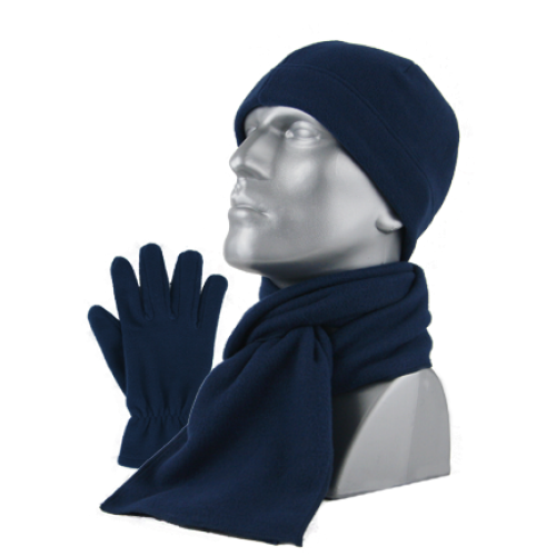 MENS ANTI-PILL FLEECE SET; BEANIE, GLOVE, SCARF NAVY