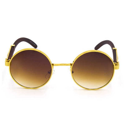 GOLD FRAMES ROUND LENS, WOOD ARMS FUNKY SUNGLASSES