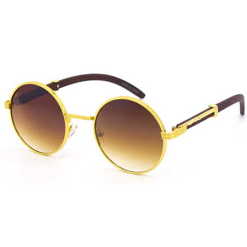 GOLD FRAMES ROUND LENS, WOOD ARMS FUNKY SUNGLASSES