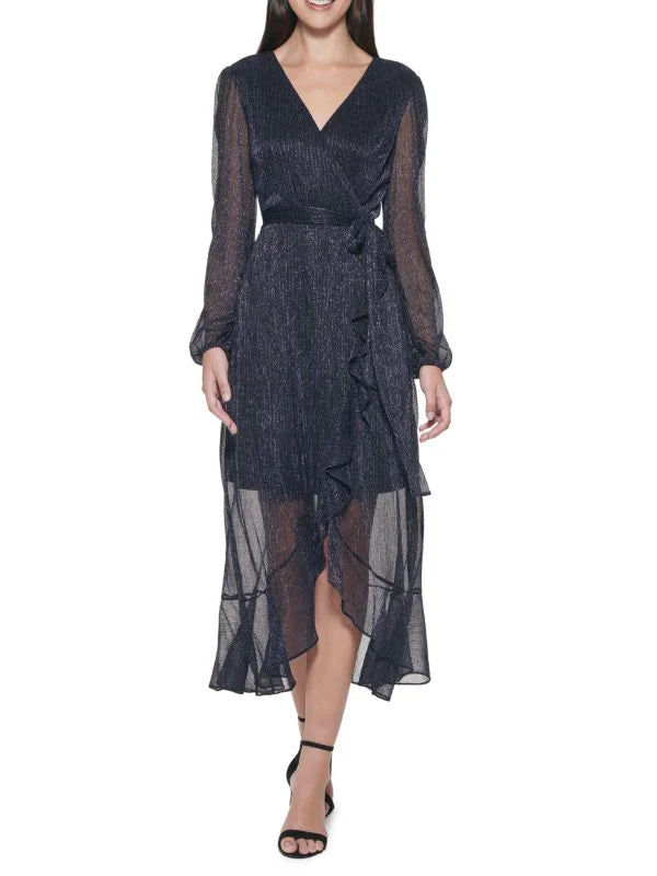 Metallic Faux Wrap Long Sleeve Dress Navy/Black - Kensie