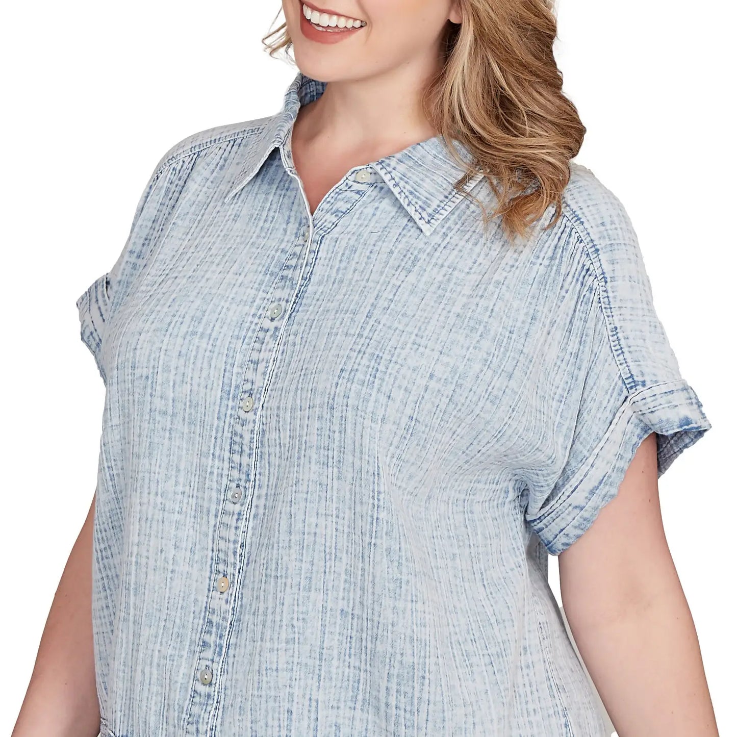 Plus Snow Washed Crochet Hem Collared Tee - Ruby Rd