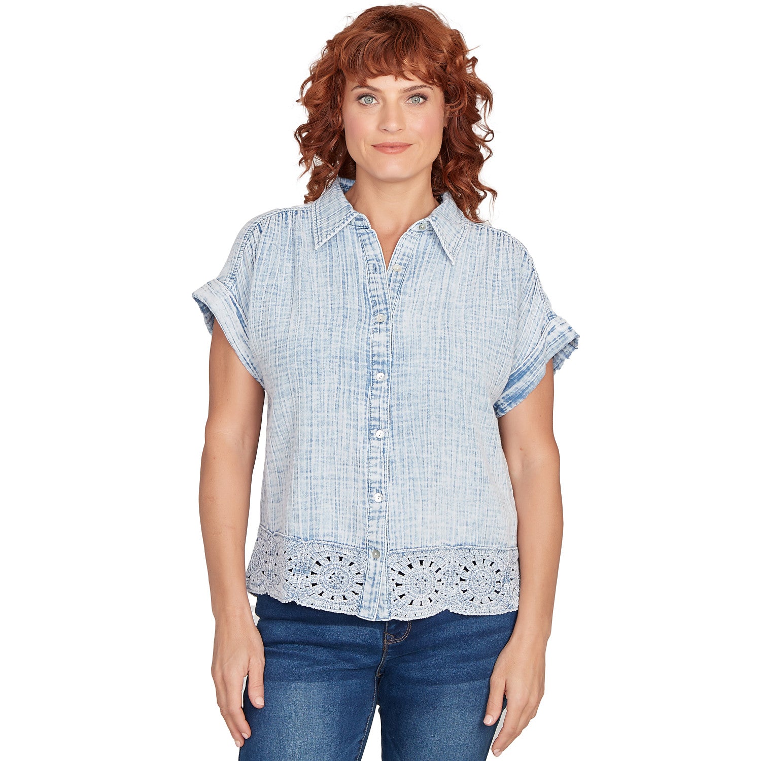 Snow Washed Crochet Hem Collared Tee Chambray - Ruby Rd