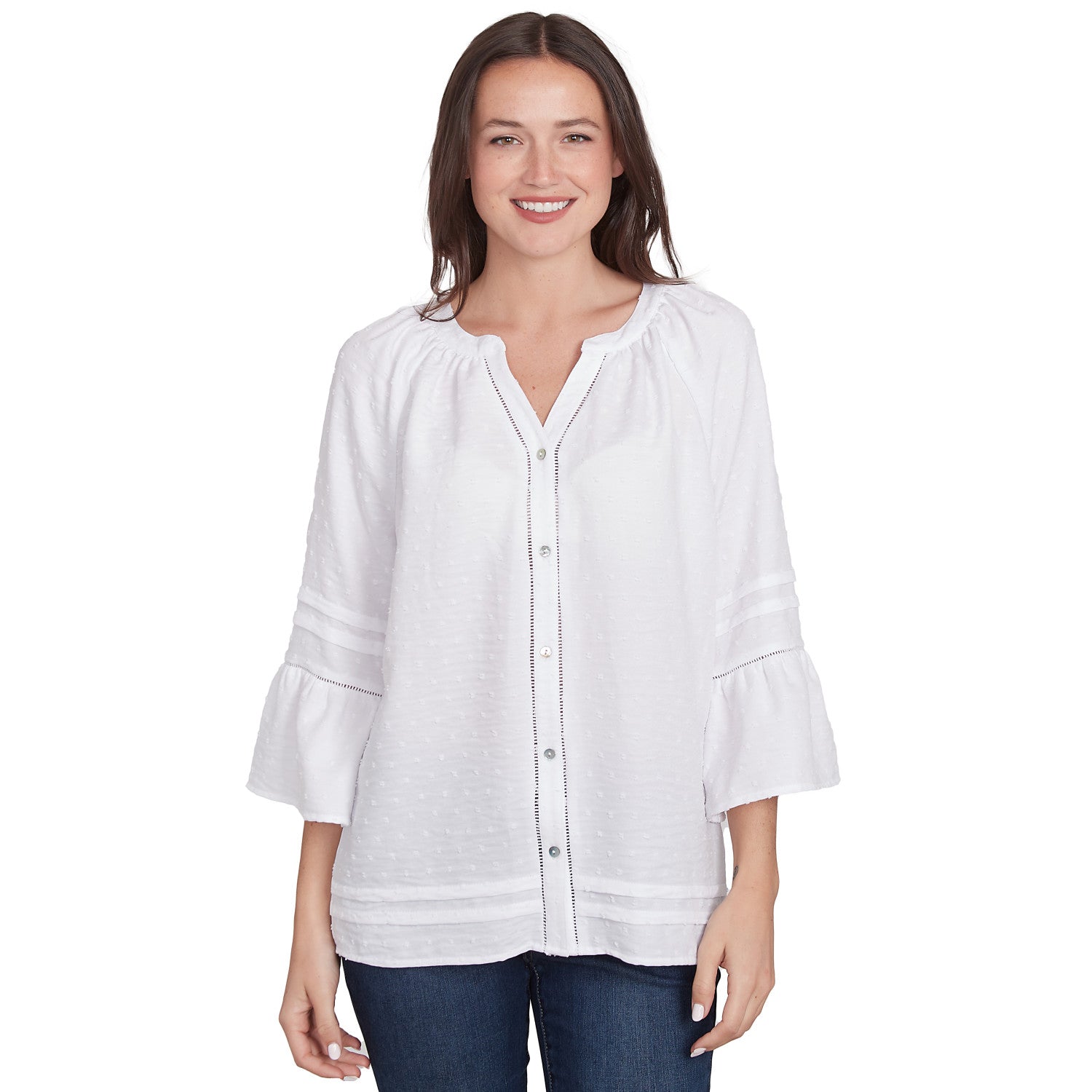 Clip Dot Button Front Flared Sleeve Top White - Ruby Rd