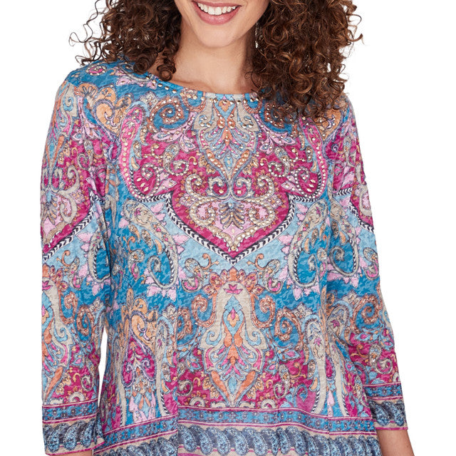 Boho Mediterranean Blue Border Top - Ruby Rd