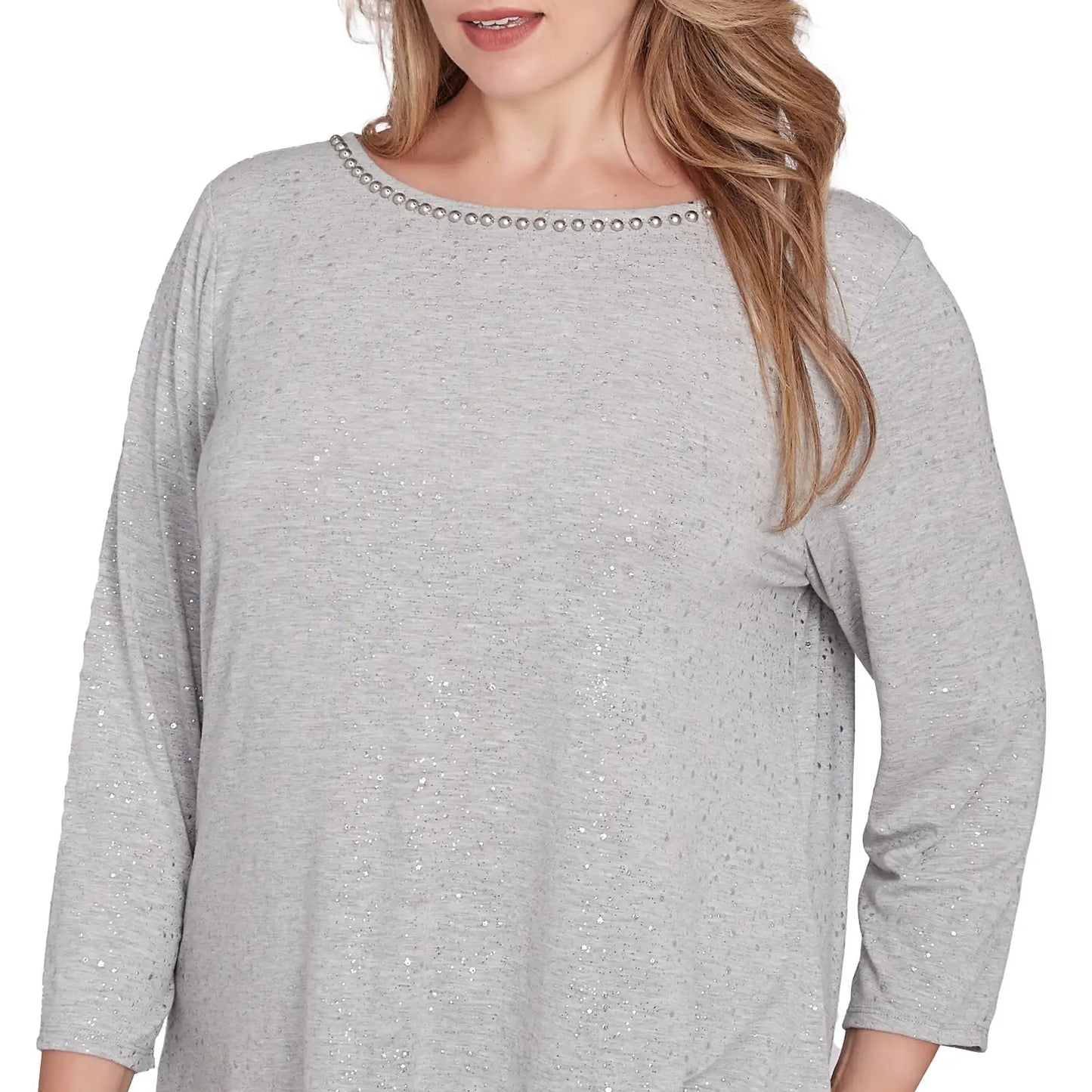 Plus Embellished Dew Drops Glitter Knit Top Grey - Ruby Rd