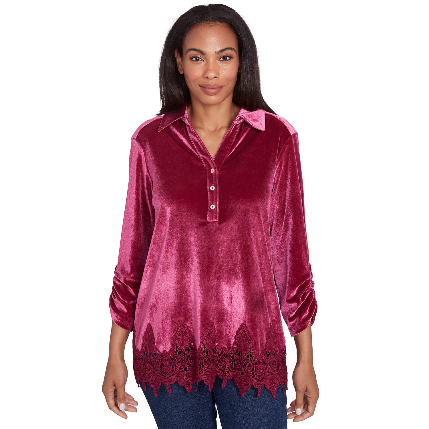Stretch Velvet Lace Trim Top Beet - Ruby Rd