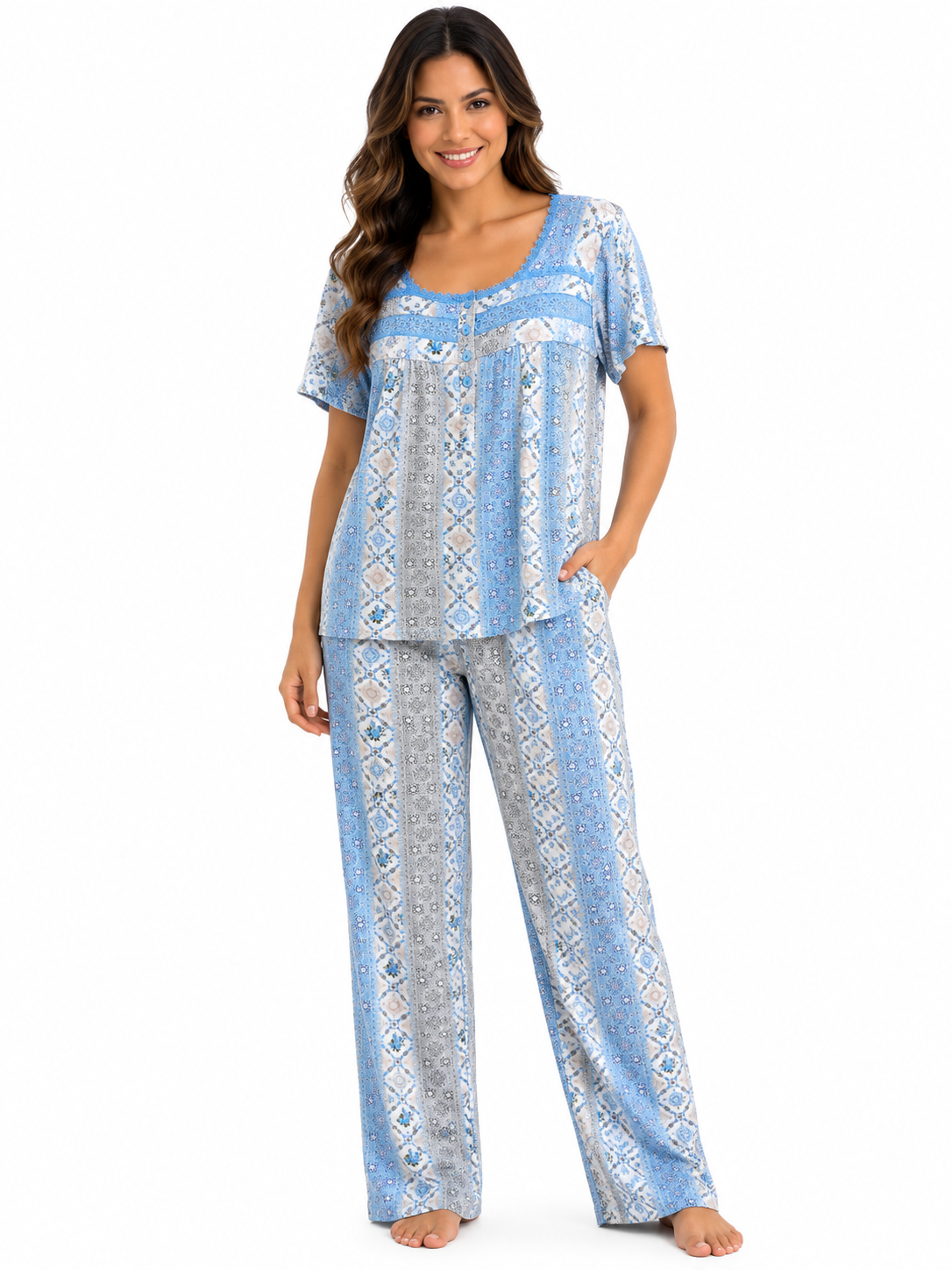 Missy Pant Pj Set w / Lace & Bottoms , Doily Blue