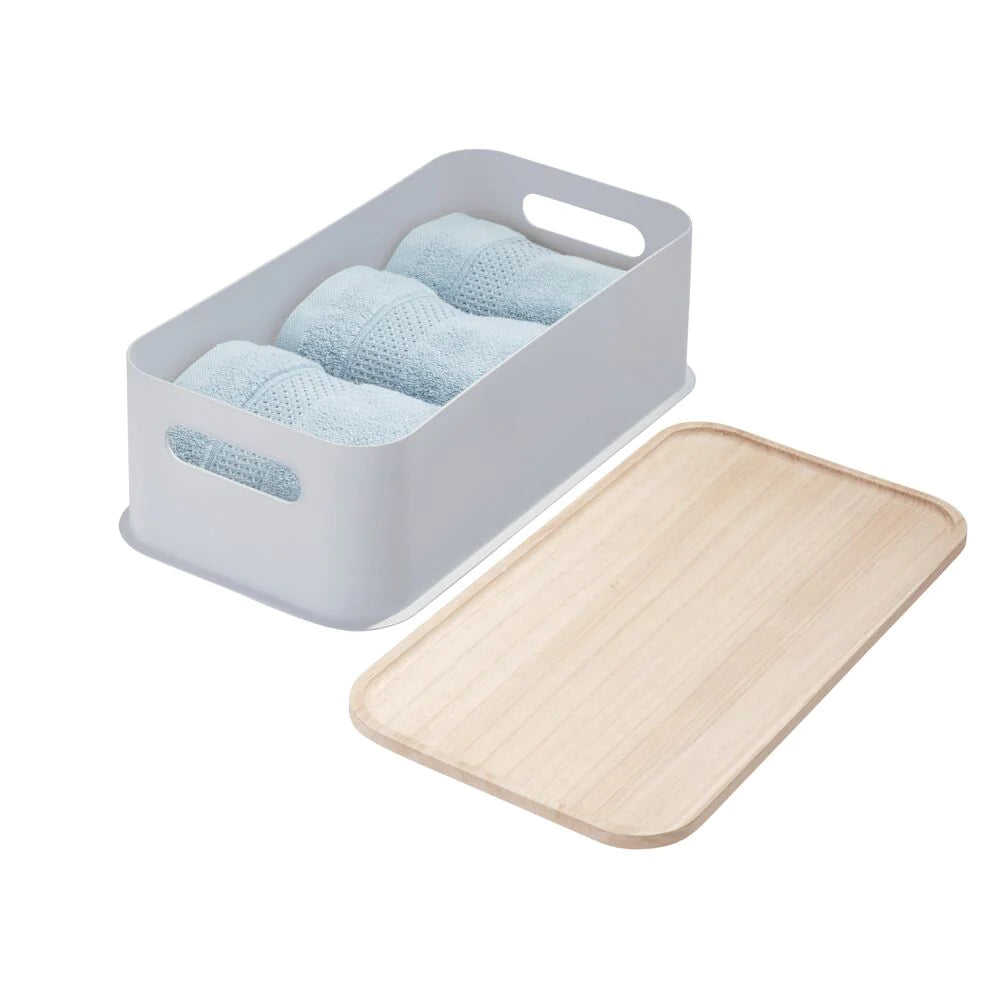 Medium Bin & Wood Lid 8.4" x 16.9" x 3" Gray