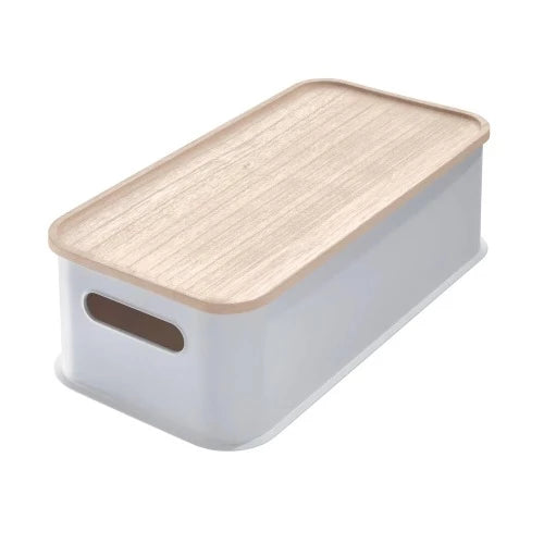 Medium Bin & Wood Lid 8.4" x 16.9" x 3" Gray
