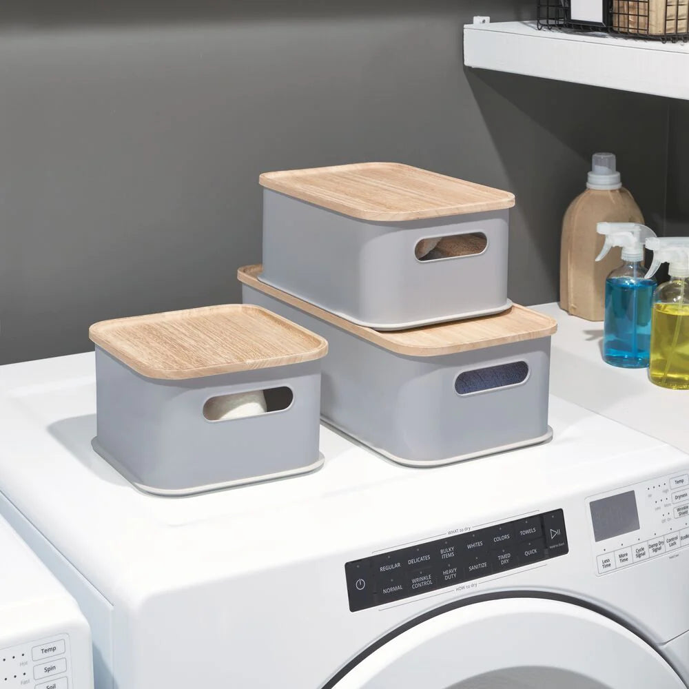 Medium Bin & Wood Lid 8.4" x 16.9" x 3" Gray