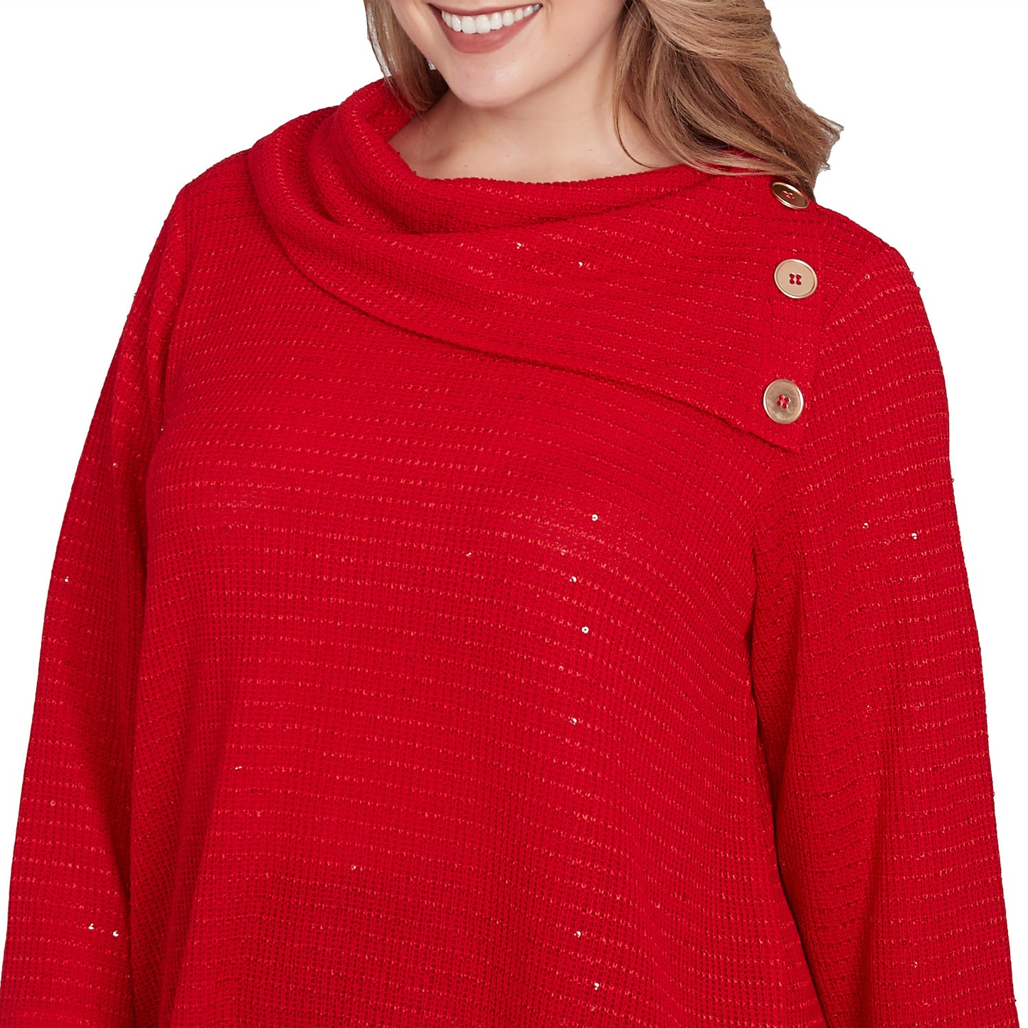 Plus Split Cowl Neck Sequin Knit Top Lipstick - Ruby Rd
