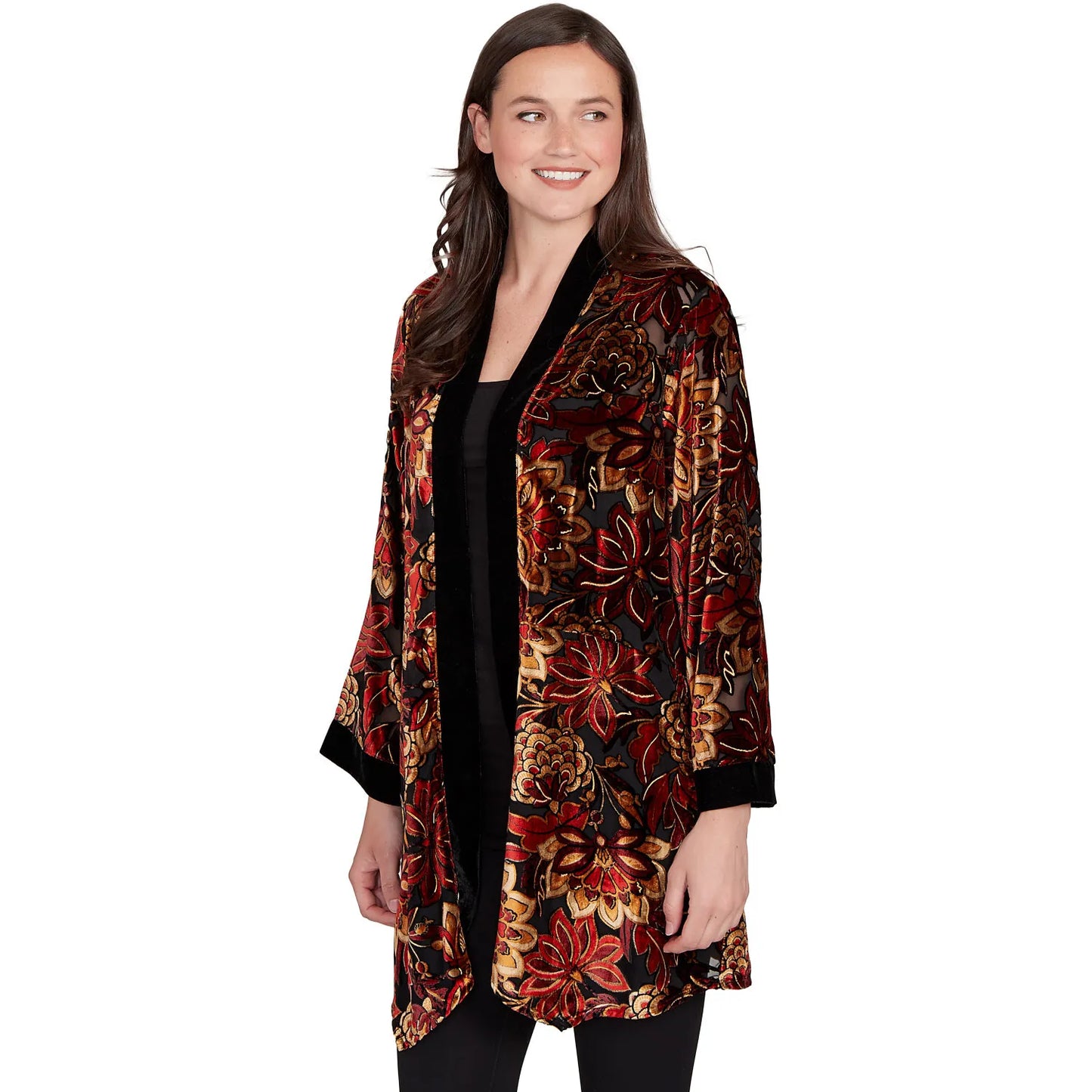 Printed Velvet Burnout Open Cardigan Cherry - Ruby Rd