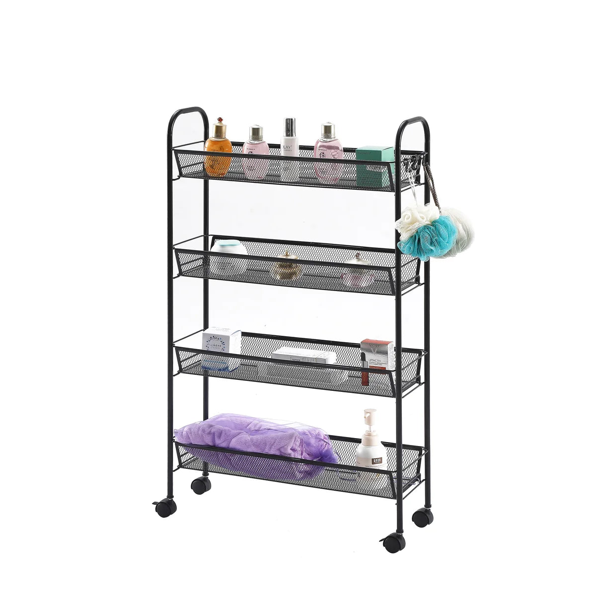 Matte Black - 4 Tier Mesh Basket Cart with 4 Wheels