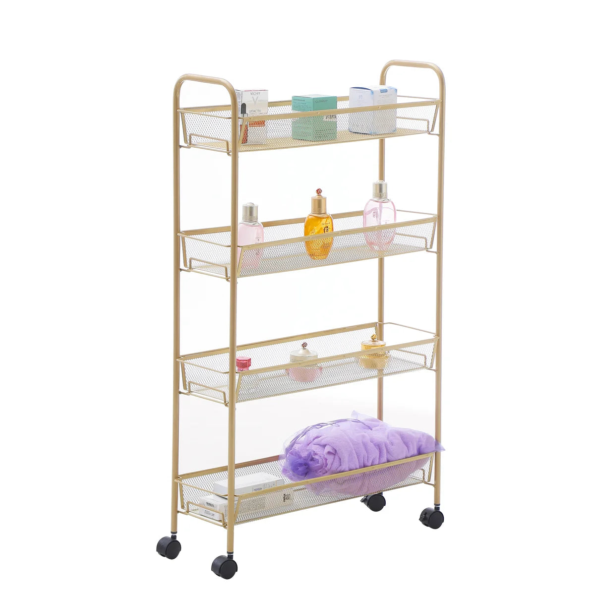 Matte Gold - 4 Tier Mesh Basket Cart with 4 Wheels