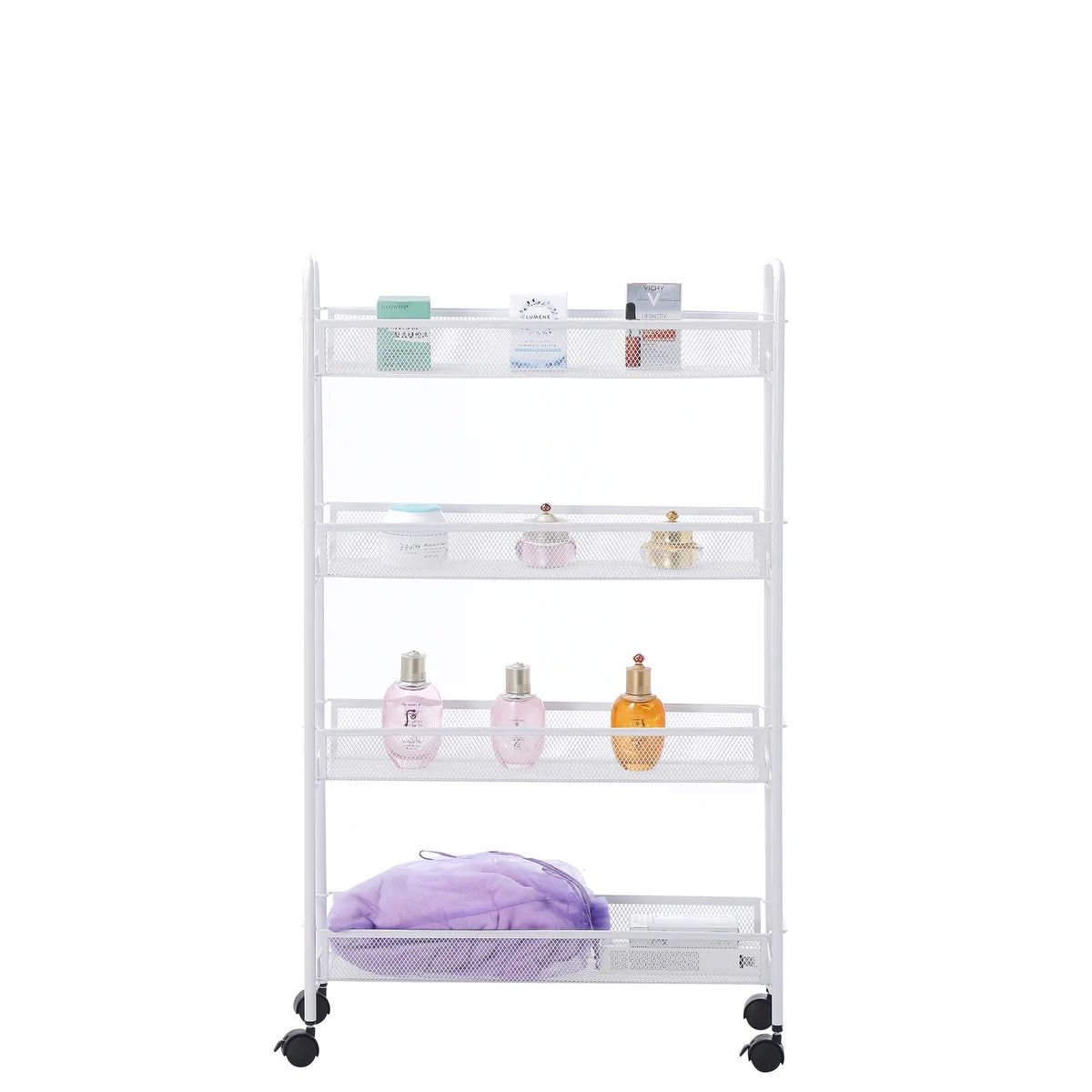 Matte White - 4 Tier Mesh Basket Cart with 4 Wheels