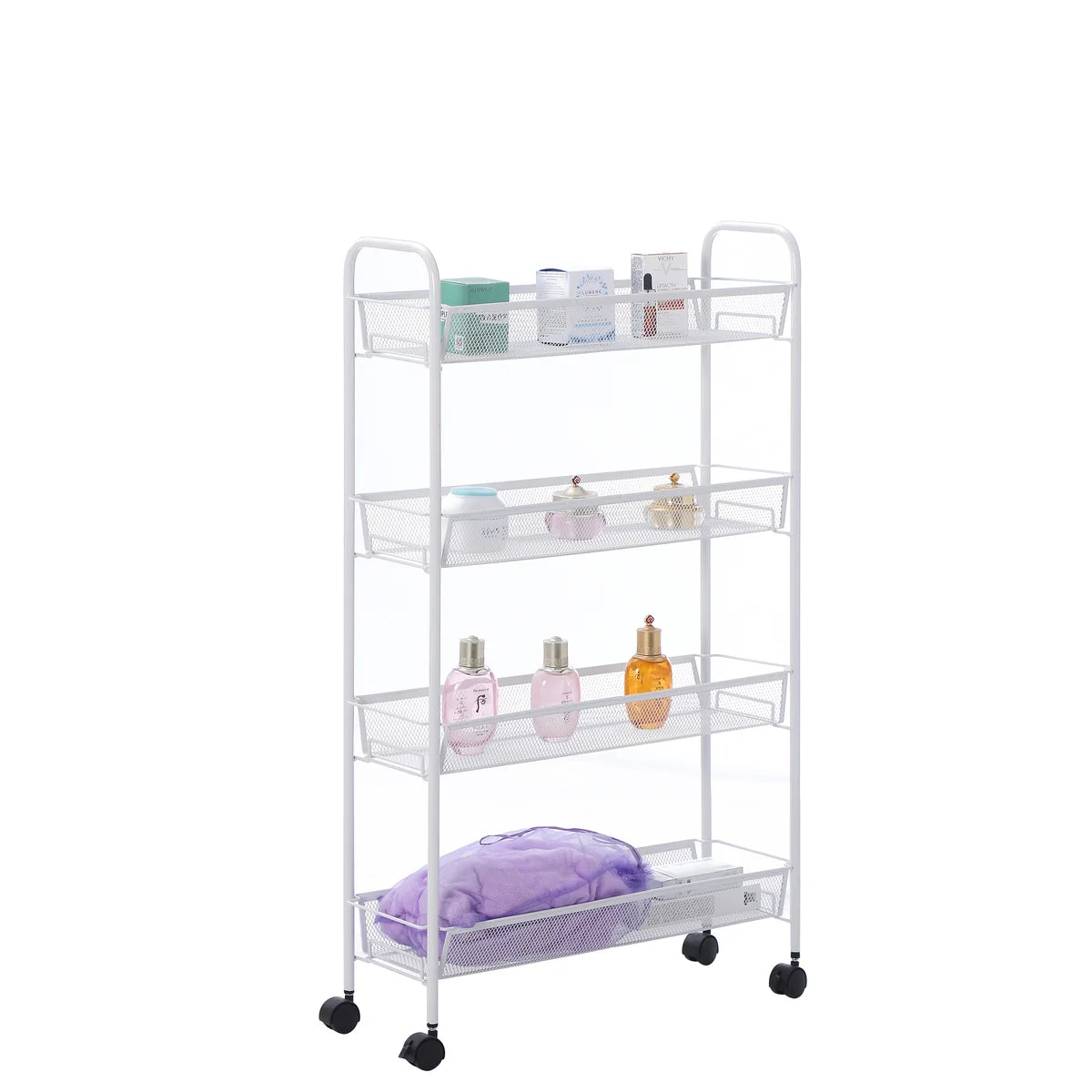 Matte White - 4 Tier Mesh Basket Cart with 4 Wheels